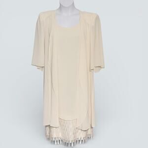 Vintage Cream Midi Dress with Sheer Jacket, Lace Hem - Mother of Bride Size 14